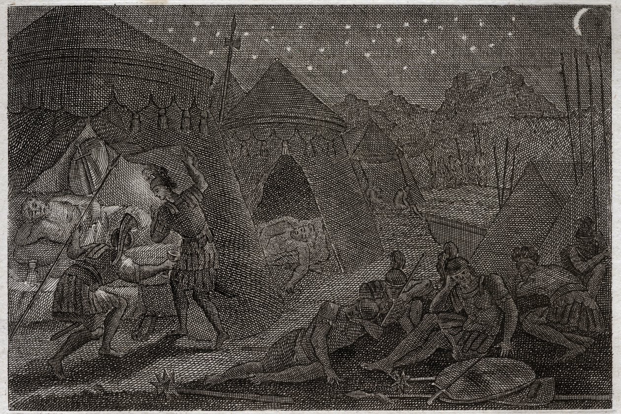 Bible of Royaumont, Starý zákon: David zachrání Saula. David má Saula v rukou, ale neubližuje mu. Vezme jen oštěp a svůj pohár. Ilustrace z roku 1811. od Unknown artist