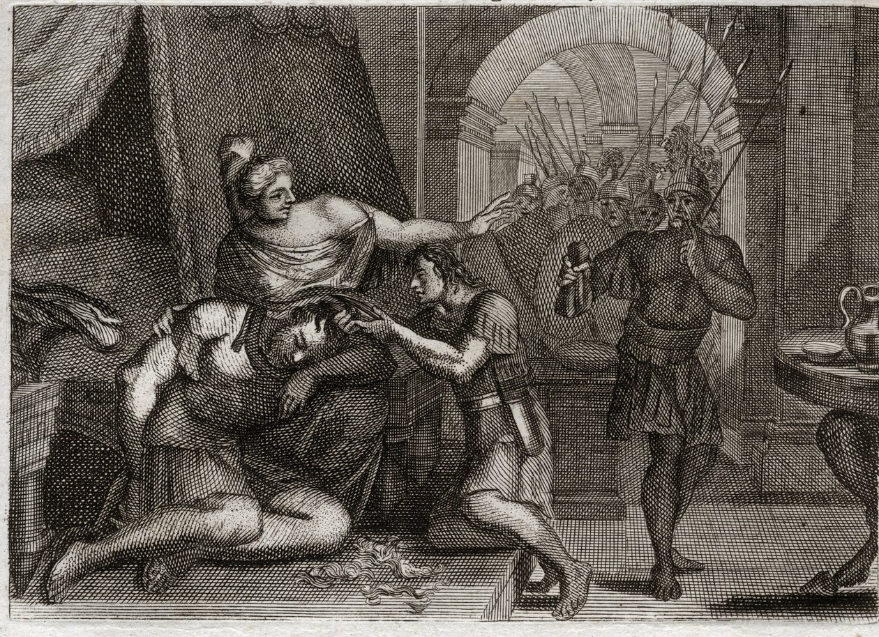 Bible of Royaumont, Starý zákon: Smrt Samsona. Samson zjistí Dalilu, že její síla byla v jejích vlasech. Ostříhá mu vlasy a přivede do místnosti filištínské vojáky. Ilustrace z roku 1811. od Unknown artist