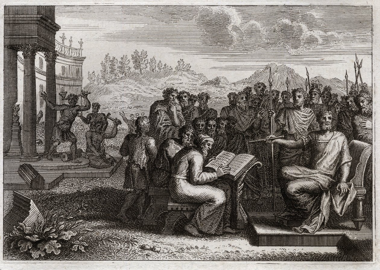 Bible of Royaumont, Starý zákon: Piete of Josias. Josiáš, král judský, obnovuje uctívání Boha ve svém království a ctí všechny krále, své předchůdce. Ilustrace z roku 1811. od Unknown artist