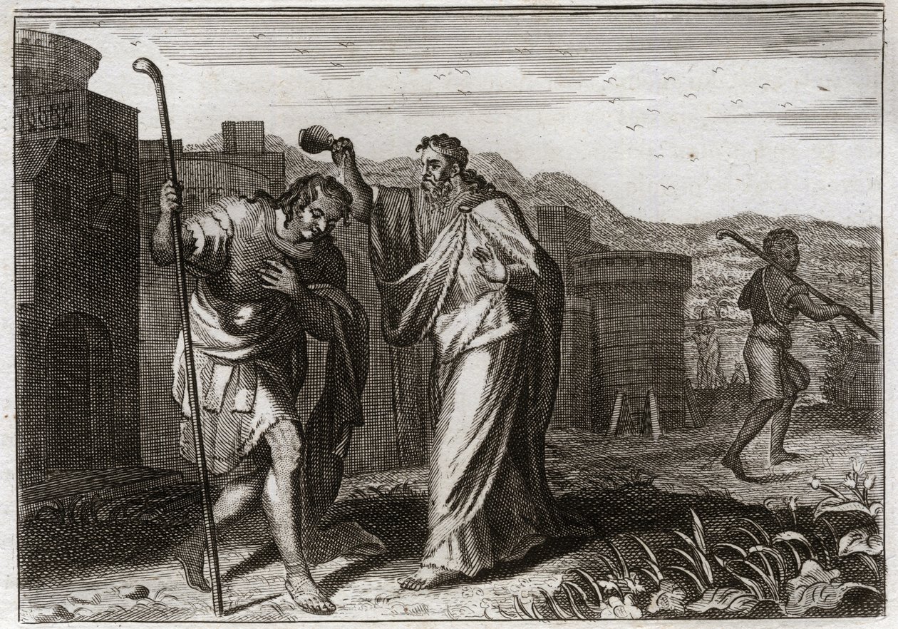 Bible of Royaumont, Starý zákon: Saulův obřad. Samuel na Boží příkaz posvětil Saula, aby se stal králem Židů. Ilustrace z roku 1811. od Unknown artist