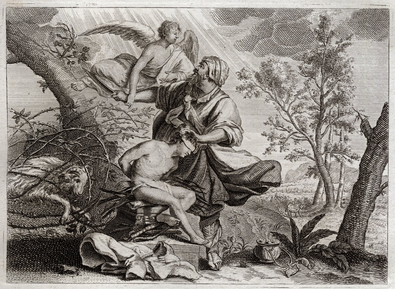Bible of Royaumont, Starý zákon: Sacrifice of Abraham. Anděl drží Abrahamovu ruku před obětí jeho syna Izáka. Vlevo místo něj zabije belier Abraham. Ilustrace z roku 1811. od Unknown artist