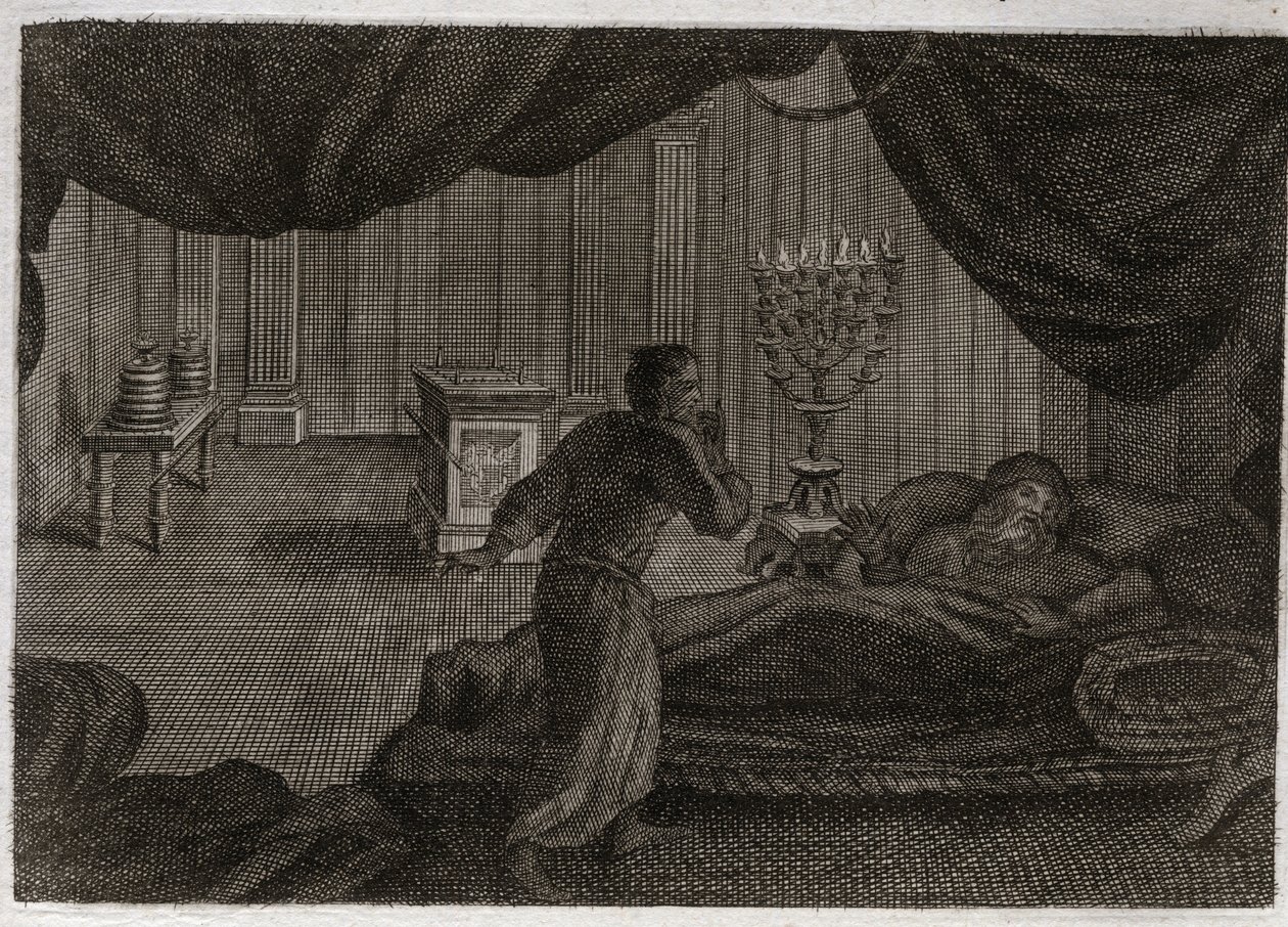 Bible of Royaumont, Starý zákon: Samuel dává Heli. Anna (Hannah) zasvětila malého Samuela Pánu a dala ho veleknězi Helimu. Samuel, který zaslechne hlas lorda, který ho volá uprostřed noci, si myslí, že toto je jeho učitel c od Unknown artist