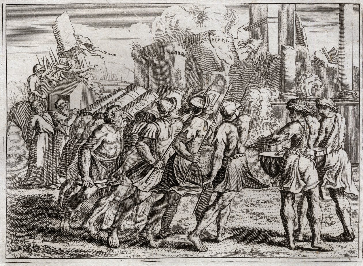 Bible of Royaumont, Starý zákon: Vzato z Jericha. Zdi Jericha padají k zemi za zvuku trubek kněží, kteří předcházeli Archu úmluvy Páně. Ilustrace z roku 1811. od Unknown artist
