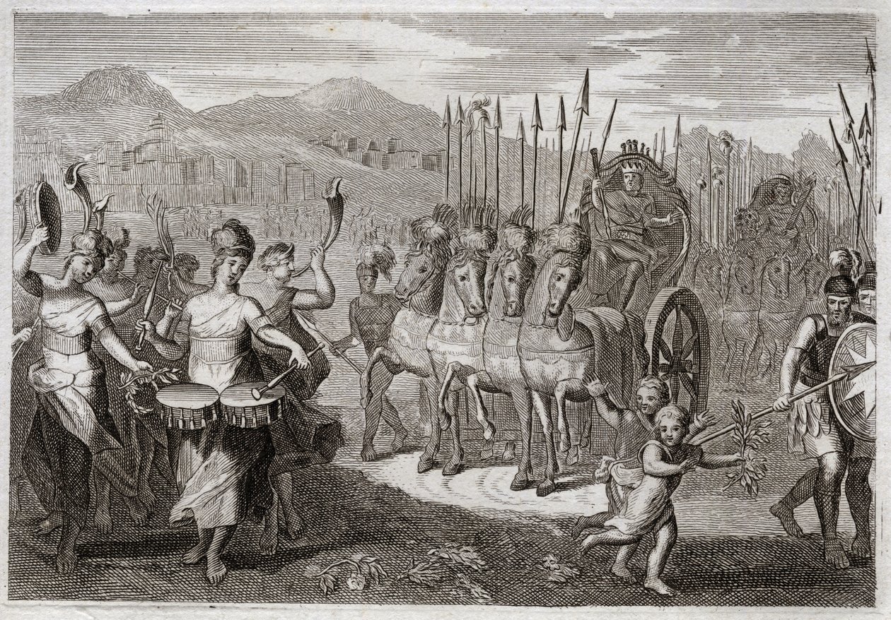 Bible of Royaumont, Starý zákon: Davidův triumf. Poté, co David porazil obřího Goliáše, šly před ním izraelské ženy, aby oslavily jeho triumf, radostným jásotem a zvukem nástrojů. Ilustrace z roku 1811. od Unknown artist
