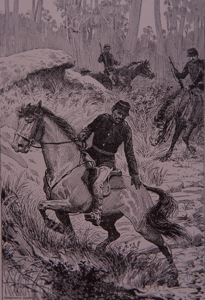Black Trackers pronásledují bushrangers v Austrálii (rytina) od Unknown artist