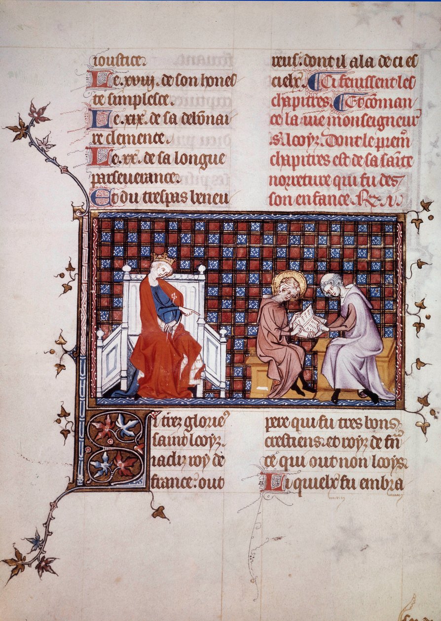 Blanche de Castille, královna Francie (1188-1252), řídila výchovu svého syna Ludvíka IX. (1214-1270) (Miniatura Saint Louis z rukopisu „Život a zázraky Saint Louis“ od Viléma ze Saint Pathus. 1320. Paříž , B.N. od Unknown artist