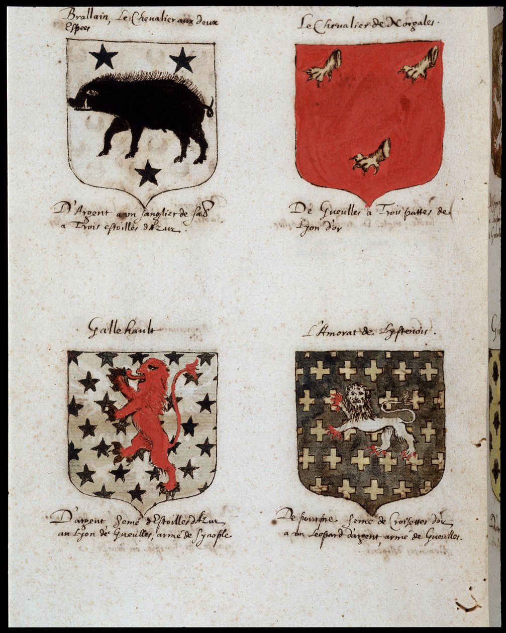 Blazony rytířů kulatého stolu: 1. Brallain, rytíř se dvěma houpačkami, 2. Rytíř Norgales, 3. Gallehault, 4. Amorate of Lystenois. sd. 19. století. od Unknown artist