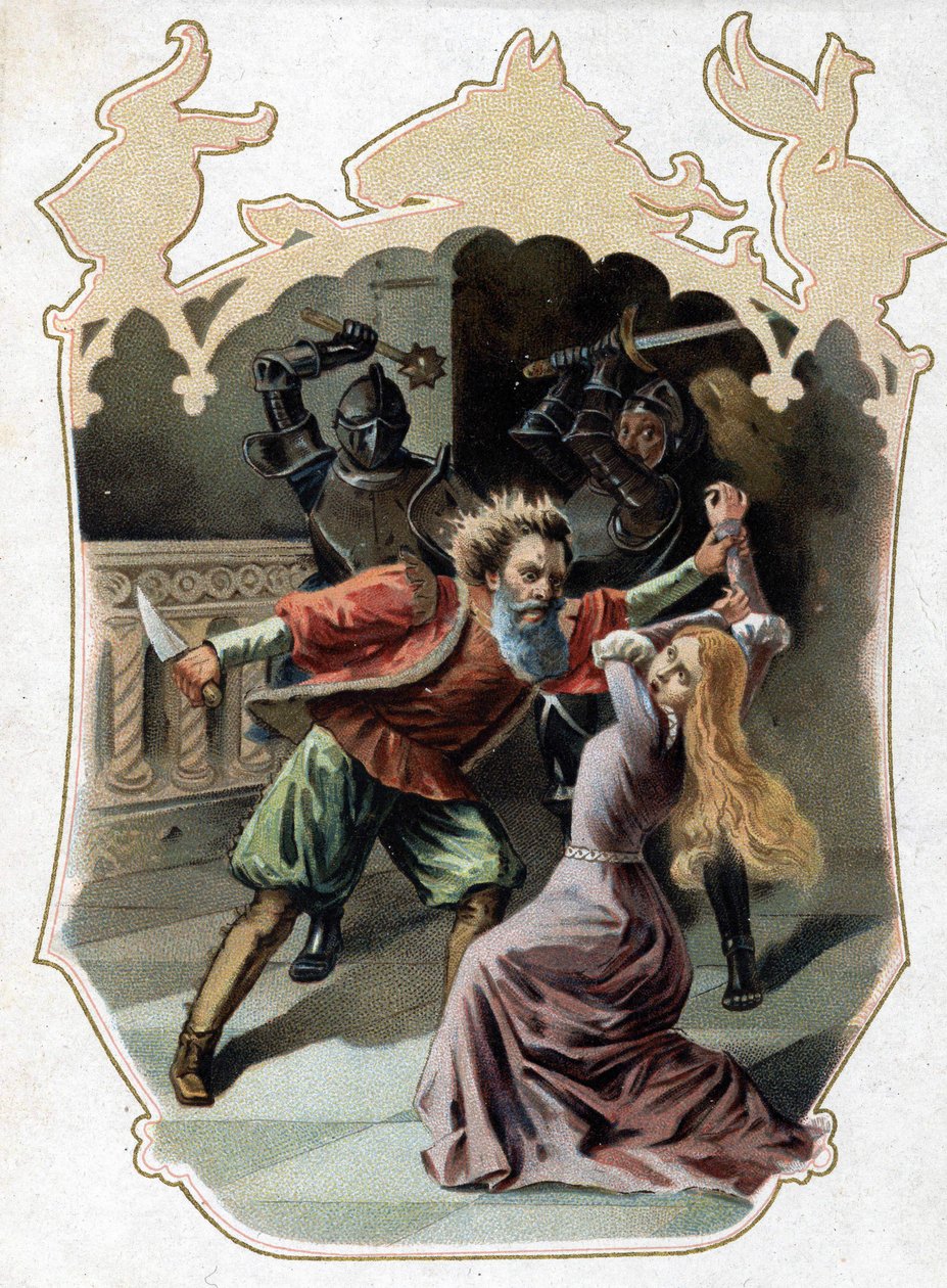 Modré vousy. Příběh Charlese Perraulta. 1697. Chromolitografie konce 19. století. Nálepka „“ Levné“““. „Modrý vous se pokouší zavraždit svou ženu, která se pokusila vstoupit do kabinetu, kde jsou manželky, které zavraždil, aby ji potrestal za její zvědavos od Unknown artist