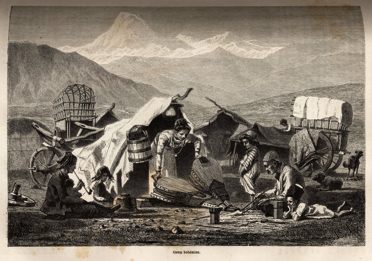 Bohémský tábor. Rytina pro ilustraci plavby v provinciích Kavkazu, od Basile Vereschaguine, v letech 1864-1865, publikovaná v „“ Le tour du monde, nouveau journal des voyages“, editoval Edouard Charton od Unknown artist