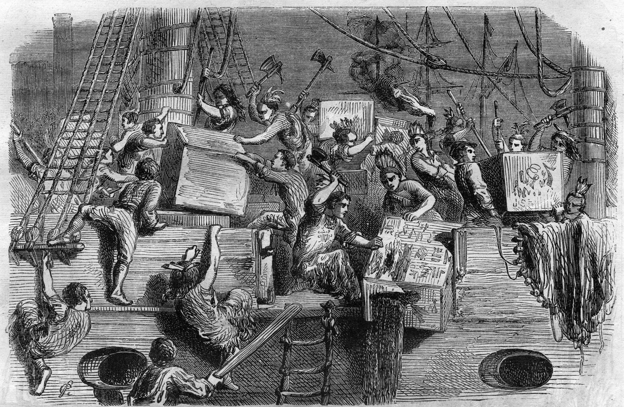 Bostonský čajový dýchánek. Americká válka za nezávislost: vzpoura amerických osadníků (původu z Velké Británie) proti daním uvaleným anglickým parlamentem na čaj a další potraviny. Převléknou se za indiány a náklad čaje hodí do moře od Unknown artist
