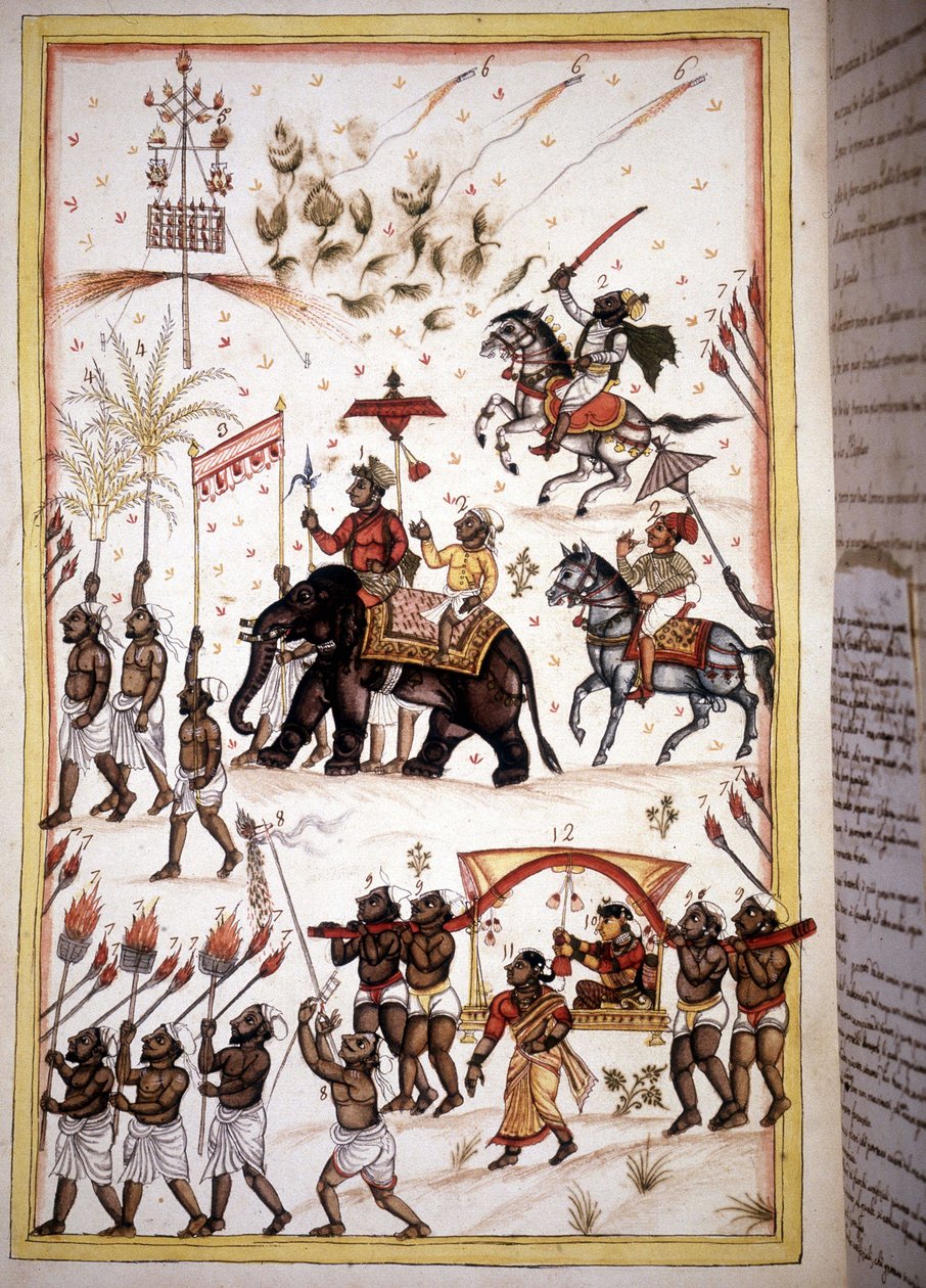 Svatební průvod manželů z vysoké společenské třídy – stránka z rukopisu (ms.8300) „Historie Mogolu““ (Moghul nebo Moghol) od Stefana Nivibuse Cardeiry. 18. století. Bibloteca marciana, Benátky od Unknown artist