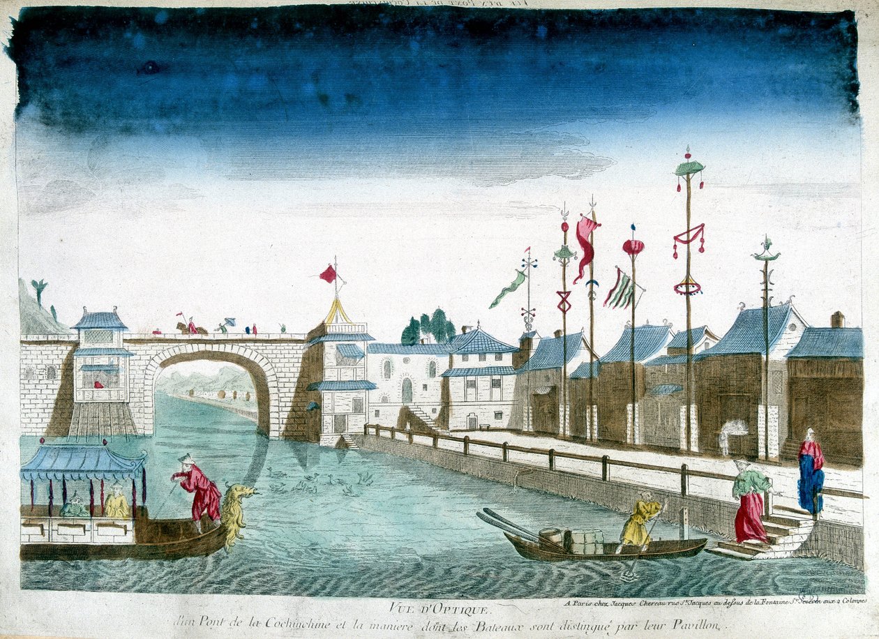 Most Cochinchine a lodě se vyznačují opuštěním pavilonů. Rytina z konce 18. století od Unknown artist