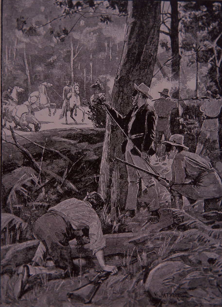 Bushrangeři, australští psanci, okradli zlatý doprovod (rytina) od Unknown artist