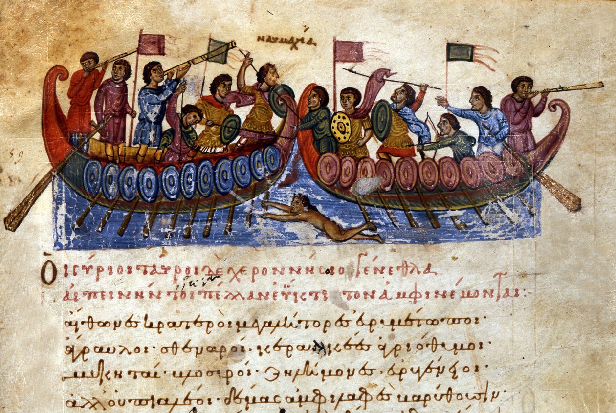 Byzantská námořní bitva. Útočný plavec zaútočí na nepřátelskou loď. Rukopis z 11. století. Benátky, bibl. Marciana. od Unknown artist
