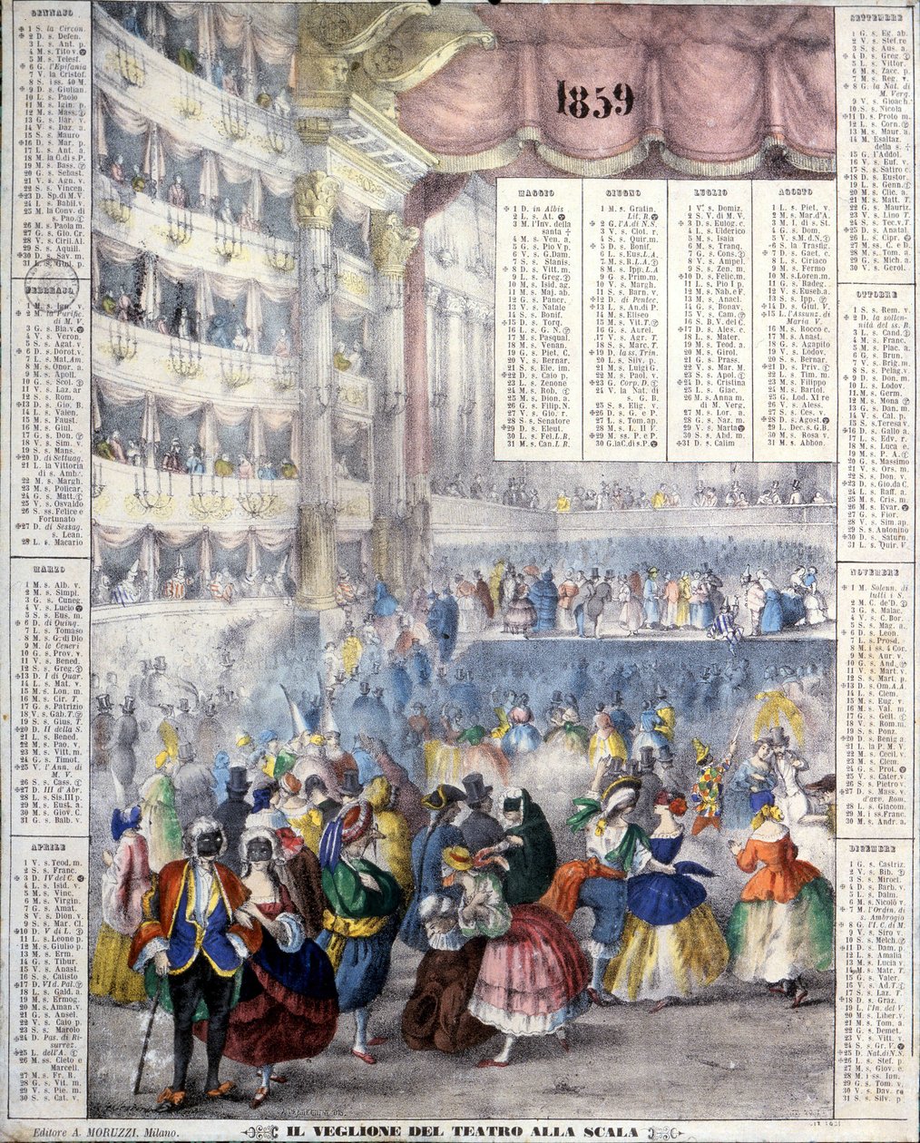 Kalendář na rok 1859 představující karnevalový večer v Teatro alla Scala v roce 1859. od Unknown artist