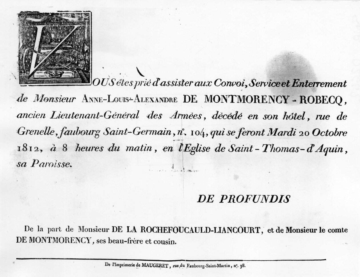 Výzva na pohřeb Alexandra de la Rochefoucaulda - Rodinný archiv. od Unknown artist