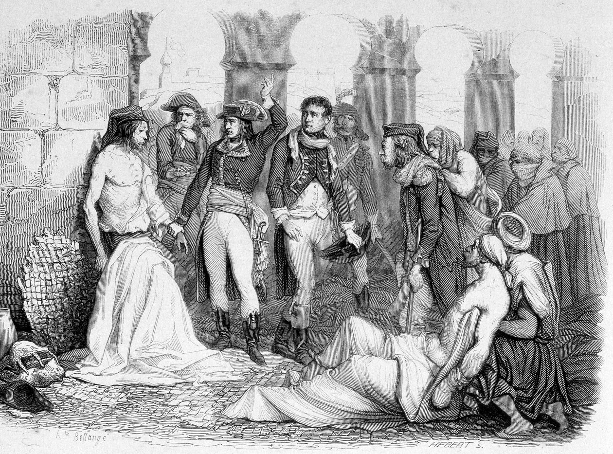 Kampaň (expedice) do Egypta (1798-1801): Generál Bonaparte navštívil nemocnici pestifere v Jaffě v Egyptě. Rytina 19. století. od Unknown artist