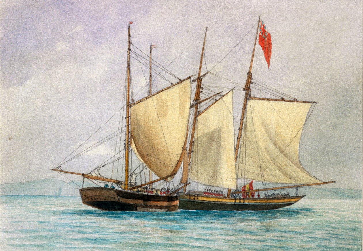 Kapitán H. Wolman s HM 80th Foot při zajetí proslulého pirátského škuneru Hanna Mercury Isld 26. října 1843 od Unknown artist