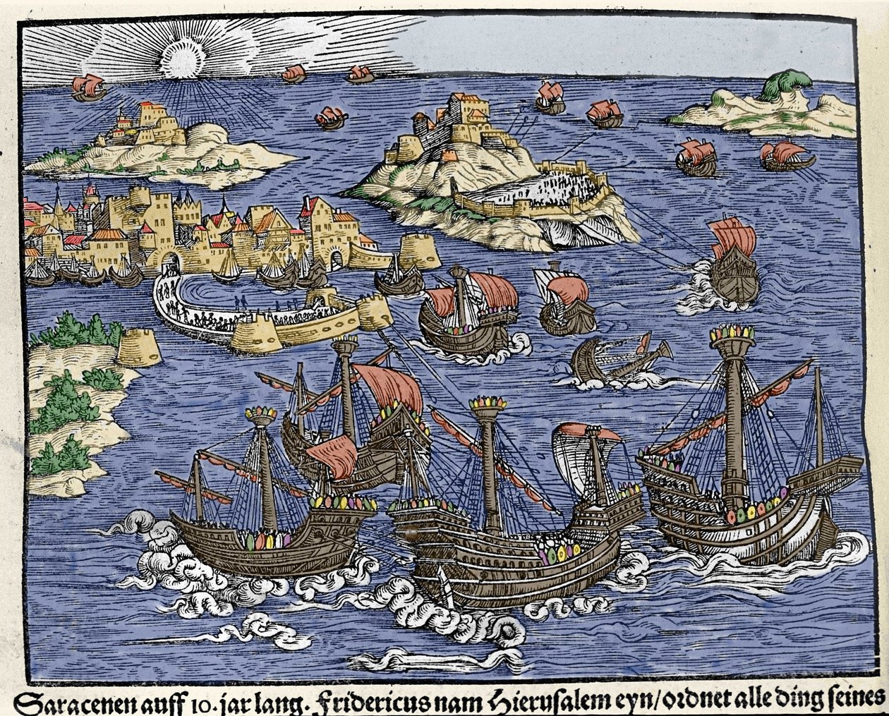 Dobytí Jeruzaléma saracénskými armádami v únoru 638. V „Den Noble Strict Best Fromen“““ od Johanna Stumpffa od Unknown artist