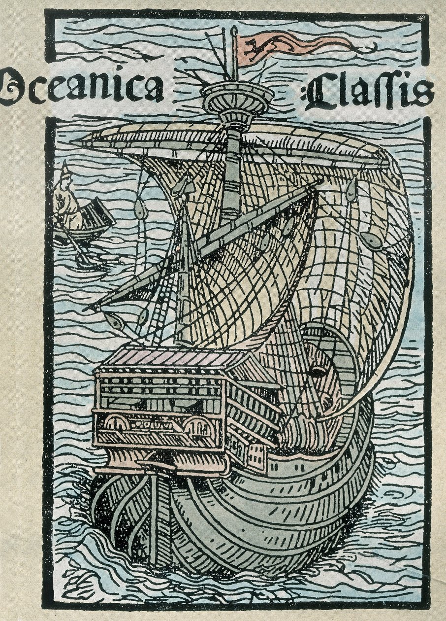 Caravelle "La Pinta" z výpravy Kryštofa Kolumba (barevná rytina) od Unknown artist