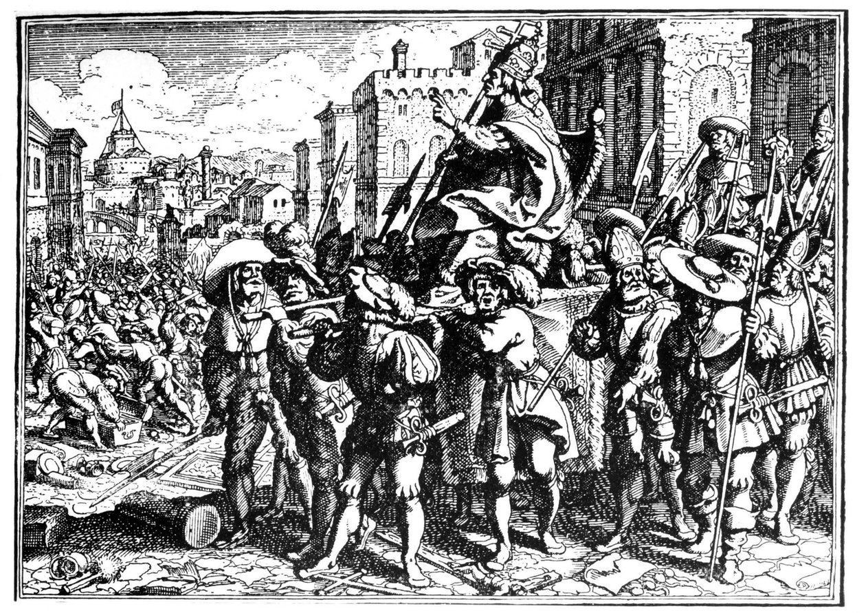 Karikatura o papeži Innocentovi I. během invaze a plenění Říma Alarichem I., králem Vizigótů, v roce 410 (Sac of Rome). Rytina - v „“ Kronice Goffreda““. od Unknown artist