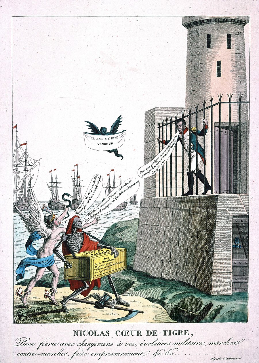 Karikatura proti Napoleonovi I. se zosobněním ambice a smrti, c. 1815 od Unknown artist