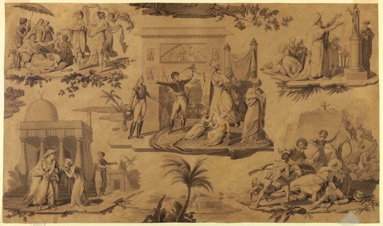 Kreslený film pro tištěný bavlněný textil: Francouzi v Egyptě [Les Francais en Egypte] od Unknown artist