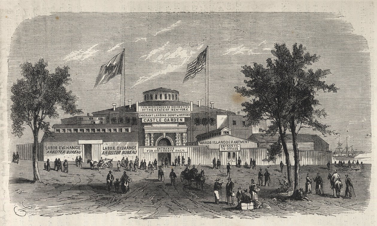 Castle Garden Immigration Center Depot - Castle Garden emigrant depot - New York State - Emigration Commission Establishment - Gravírování v „The Illustrous Universe“ z roku 1869 od Unknown artist