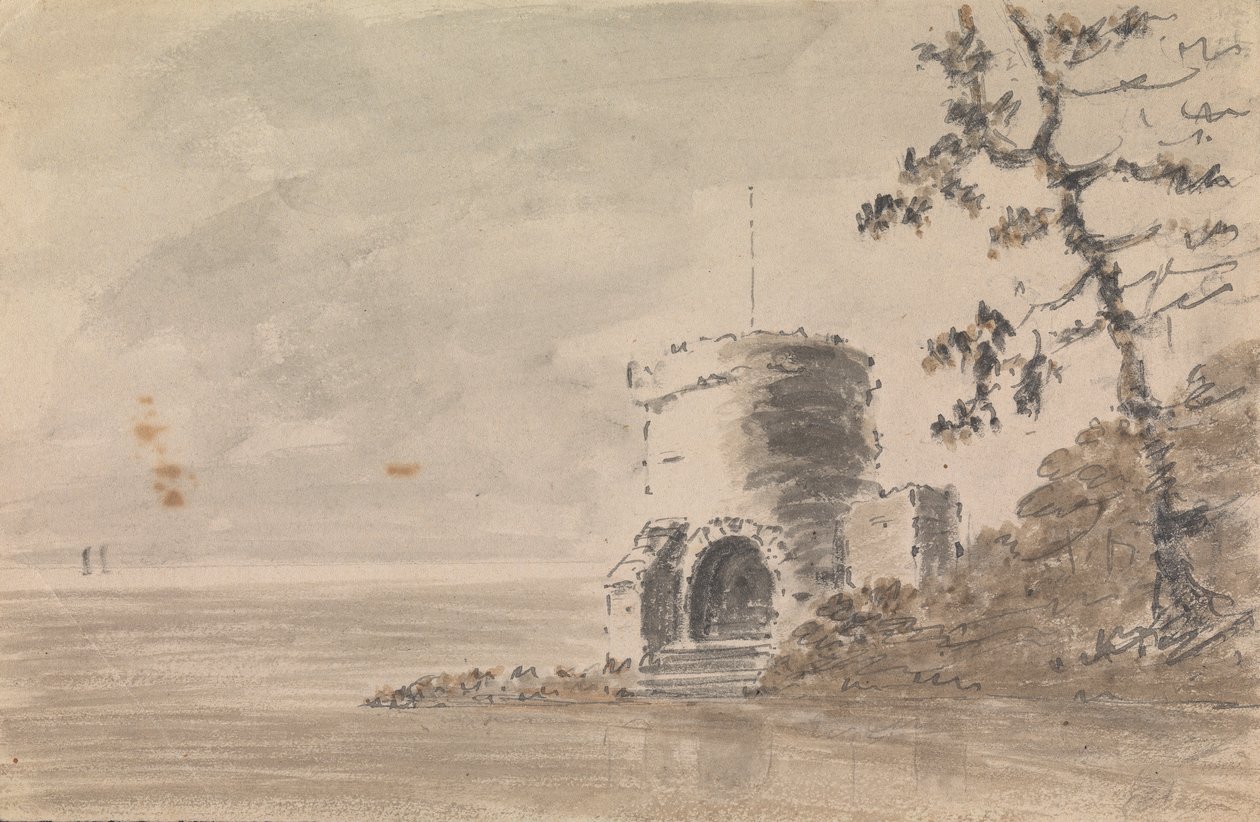 Zřícenina hradu v krajinné scéně s jezerem od Unknown artist