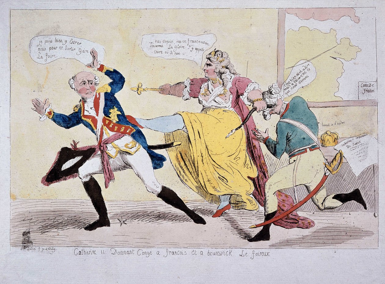 Kateřina-II., která svolí Françoisovi a Brunswicku z Foireux, karikatura, konec 18. století od Unknown artist