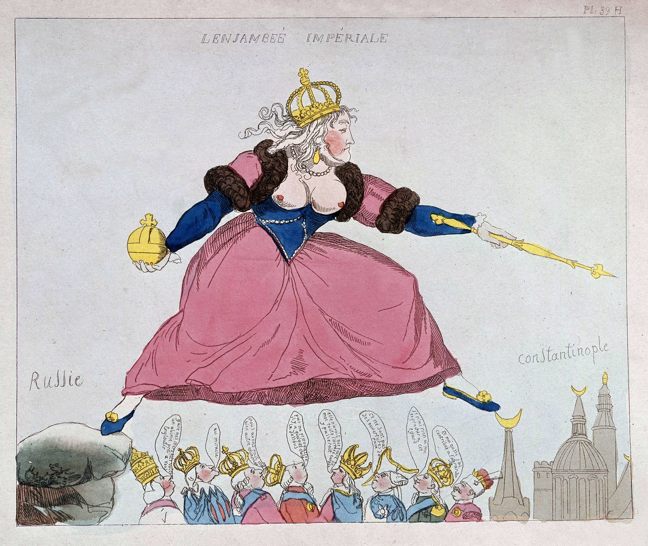 Catherine-II skok z Ruska do Konstantinopole přes evropské suverény, karikatura, konec 18. století od Unknown artist