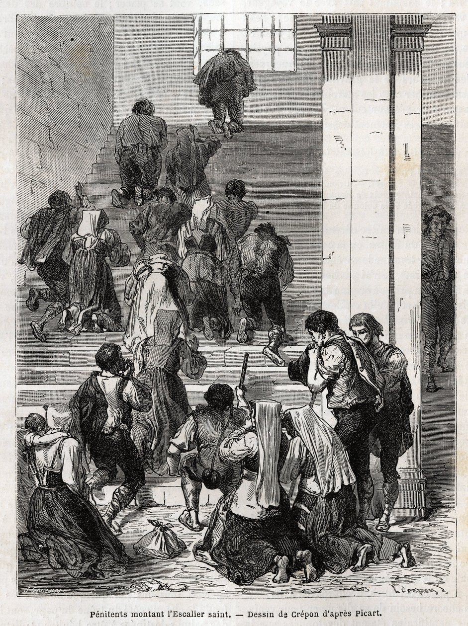 Katoličtí kajícníci stoupající po svatém schodišti do Říma. Rytina k ilustraci příběhu Ludovica Cellera; Svatý týden v Římě od Unknown artist