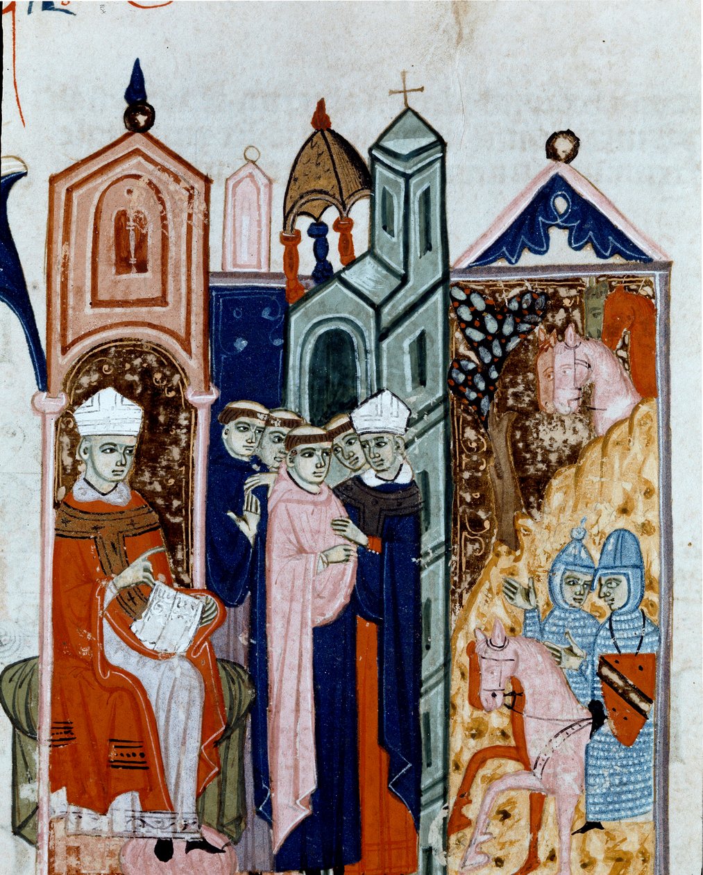Ceremonie převzetí hábitu miniaturního mnicha z „Decret de Gratien““ („Concordia discordantium canonum“ nebo „Decretum Gratiani“) z roku 1140 a upravující zákony a kánony římskokatolické církve. Cesena Biblioteca malatesti ze 14. století od Unknown artist