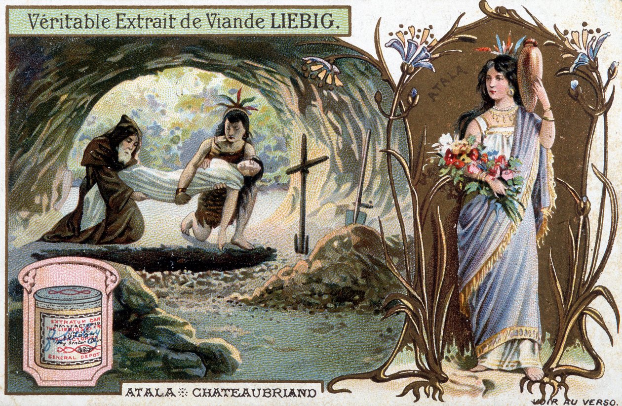 Chactas a otec Aubry pohřbili Atalu a portrét hrdinky - Scene de Atala nebo Les Amours de deux sauvages dans le desert, Francois Rene de Chateaubriand (1768-1848) - Liebigova chromolitografie od Unknown artist