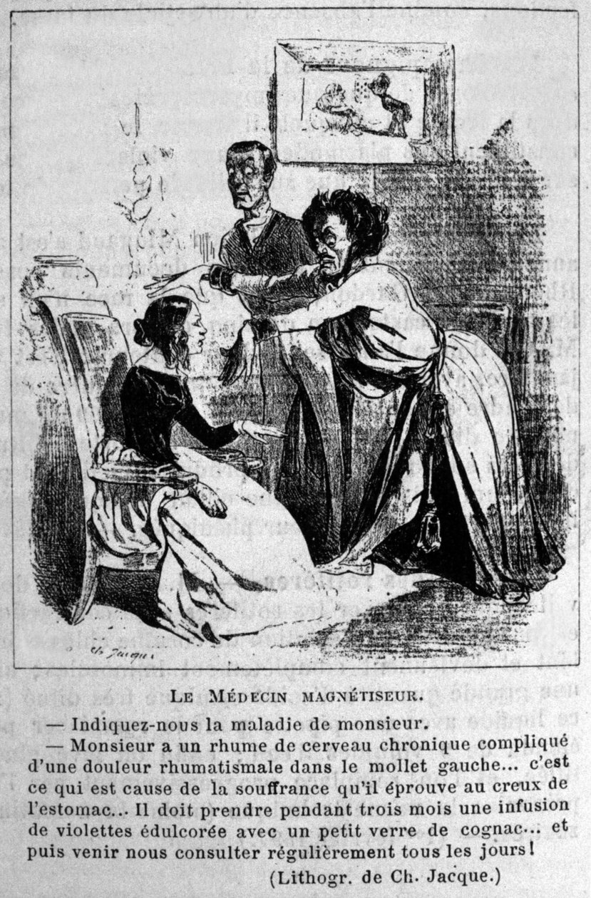 Šarlatánství: satira o konzultování magnetizérů hypnózy k léčbě nemocí. Z litografie od Jacquea. 19. století od Unknown artist