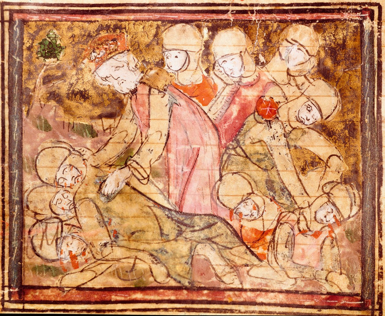 Karel Veliký (742-814) najde tělo svého synovce Rolanda, který zemřel v bitvě u Roncesvaux Miniature z „“Grandes Chronicles de France”” 1375-1379 Městská knihovna, Castres od Unknown artist