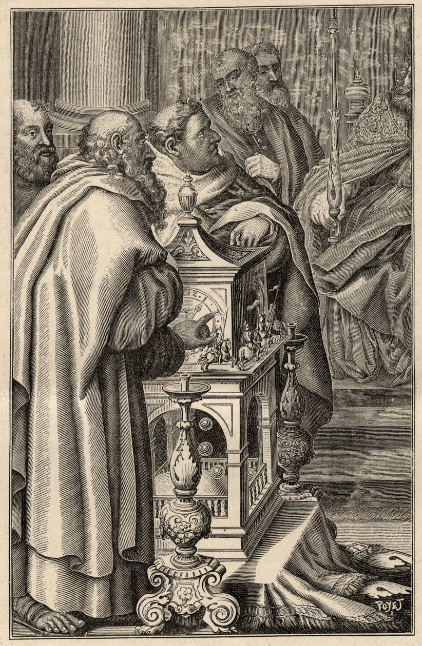 Karel Veliký dostává od Haruna al-Rašída dar clepsydry (vodních hodin) - V roce 797 bagdádský chalífa Haroun ar-Rachid (765-809) nabízí Charlemagne clepsydru (vodní hodiny, měření času), symbol technologického vědění. jak arabské civi od Unknown artist