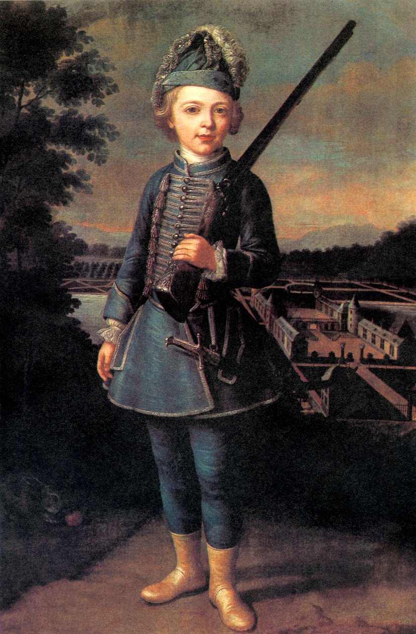 Charles-Joseph de Ligne ve věku asi 10 let ve fantastické uniformě před zámkem Beloeil od Unknown artist