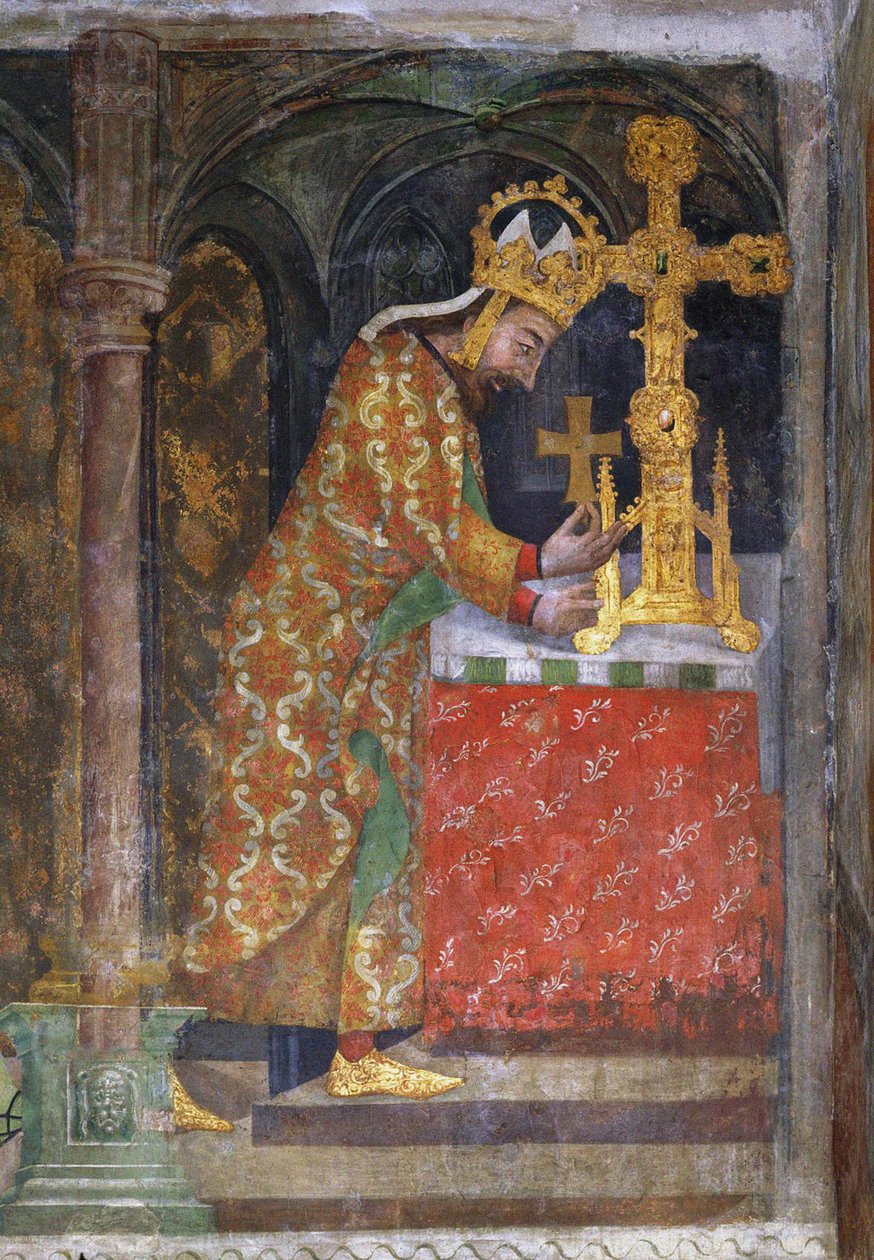 Charles IV de Luxembourg (1316-1378), empereur des Romains, place un fragment de la Sainte Croix dans un reliquaire - Karel IV. ukládá třísku svatého Kříže do relikviáře - Anonym. Freska, c. 1360. Národní galerie, Praha od Unknown artist