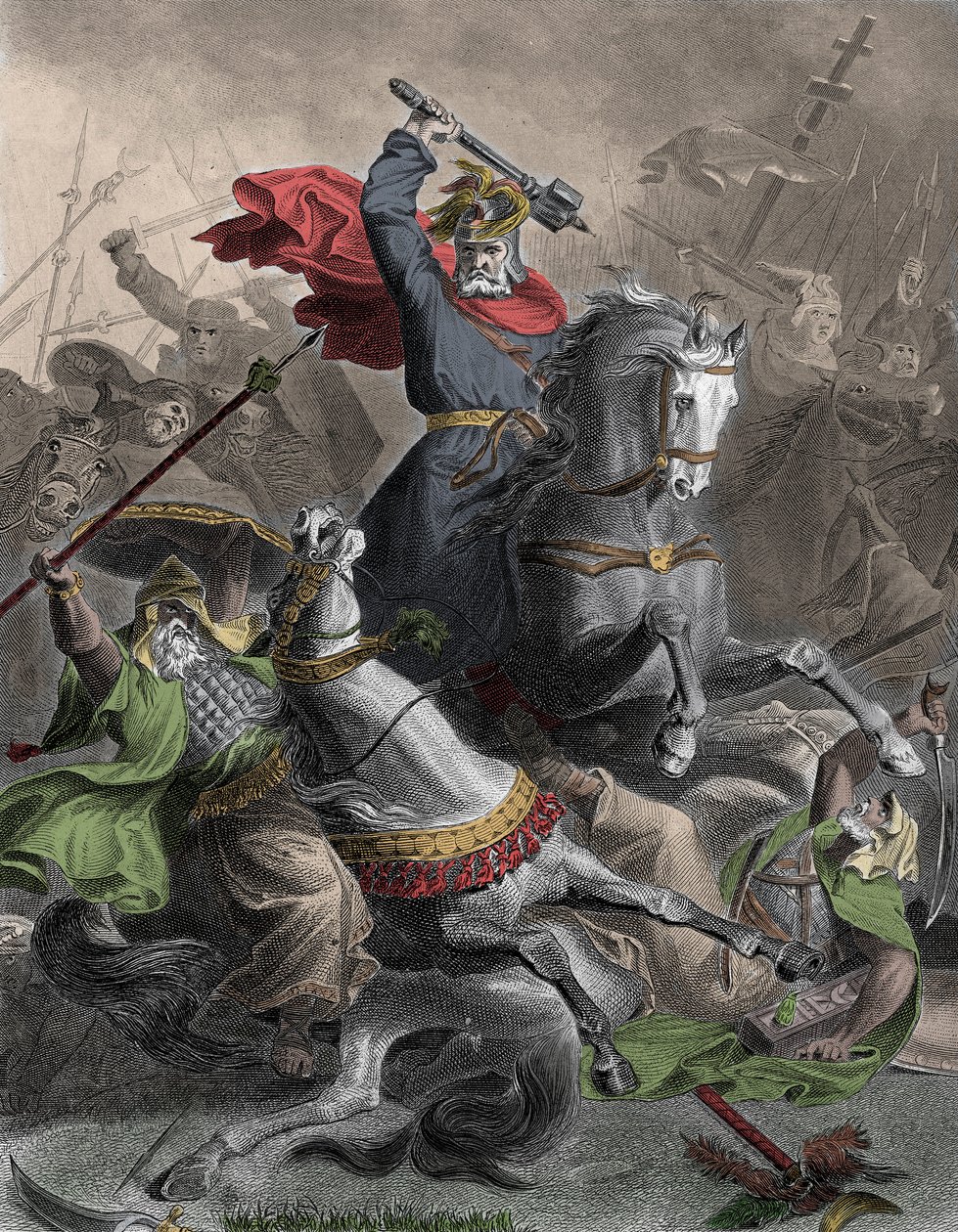 Charles Martel (690-741) vedoucí franků do bitvy proti arabské invazi v Tours (Francie), 732 (bitva u Poitiers) - Colorisee rytina 19. století - Charles Martel vede Franky proti arabským útočníkům v Tours, Francie, 732 n.l. - od Unknown artist