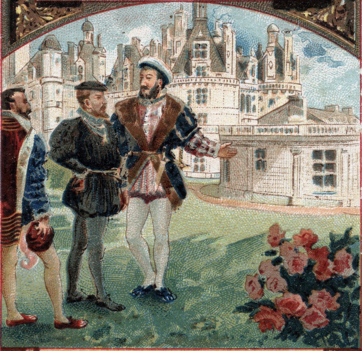 Karel V. přijat Francoisem I. na zámku Chambord. Chromolitografie konce 19. století od Unknown artist