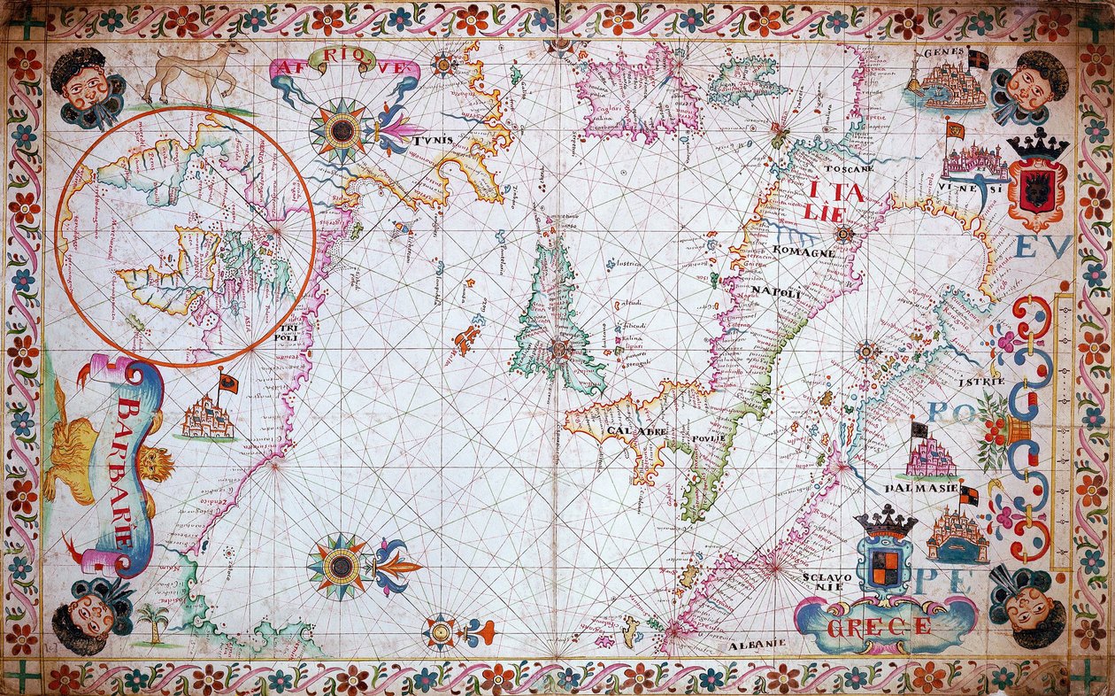 Mapa Středozemního moře s Itálií a severoafrickým pobřežím od Unknown artist