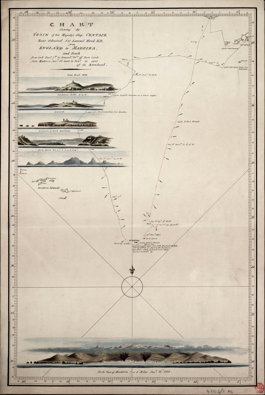 Mapa zobrazující trasu lodi Jeho Veličenstva "Centaur" (1797) z Anglie na Madeiru a zpět od Unknown artist