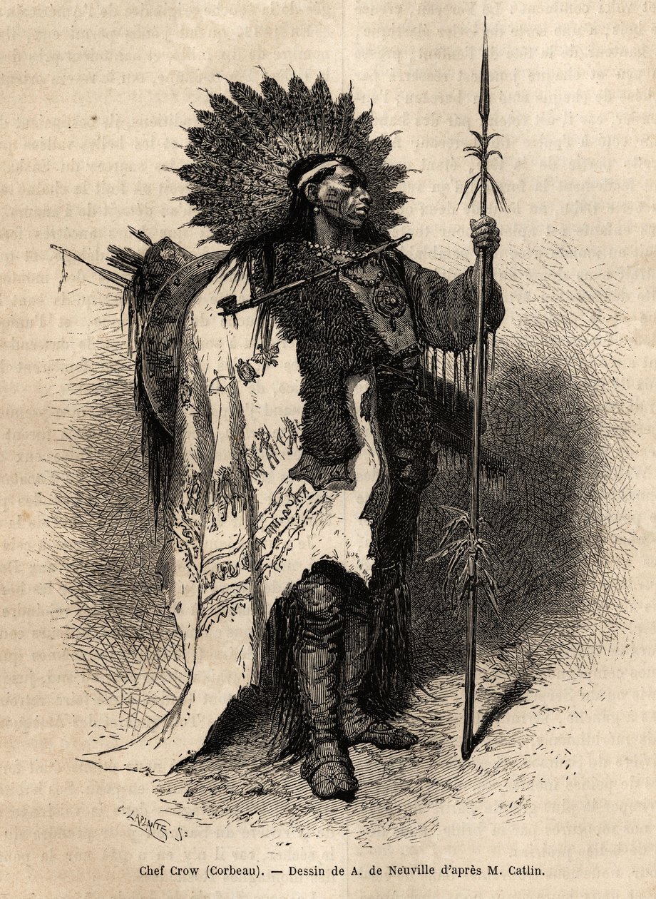 Náčelník Yellow Moccassin z indiánského kmene Crow žijící podél řeky Lewis. Rytina pro ilustraci exkurze mezi indiánskými kmeny povodí Kolumbie a Horní Missouri, od G. Catlina, v roce 1855, publikovaná v „“le tour du monde“ pod od Unknown artist