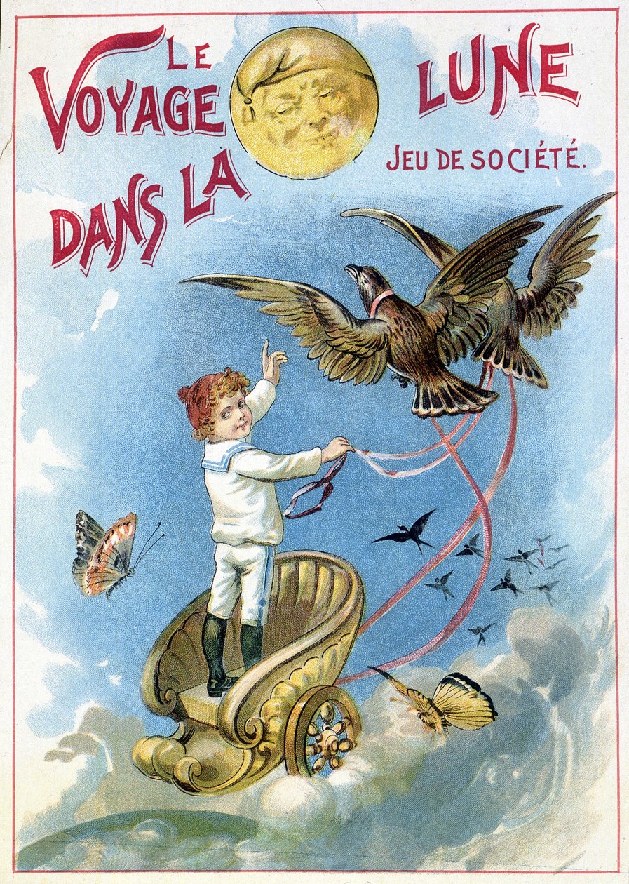 Dítě ve voze taženém ptáky směrem k Měsíci: „“ The Journey in the Moon““ – hrací box, n.d. 19. století. od Unknown artist