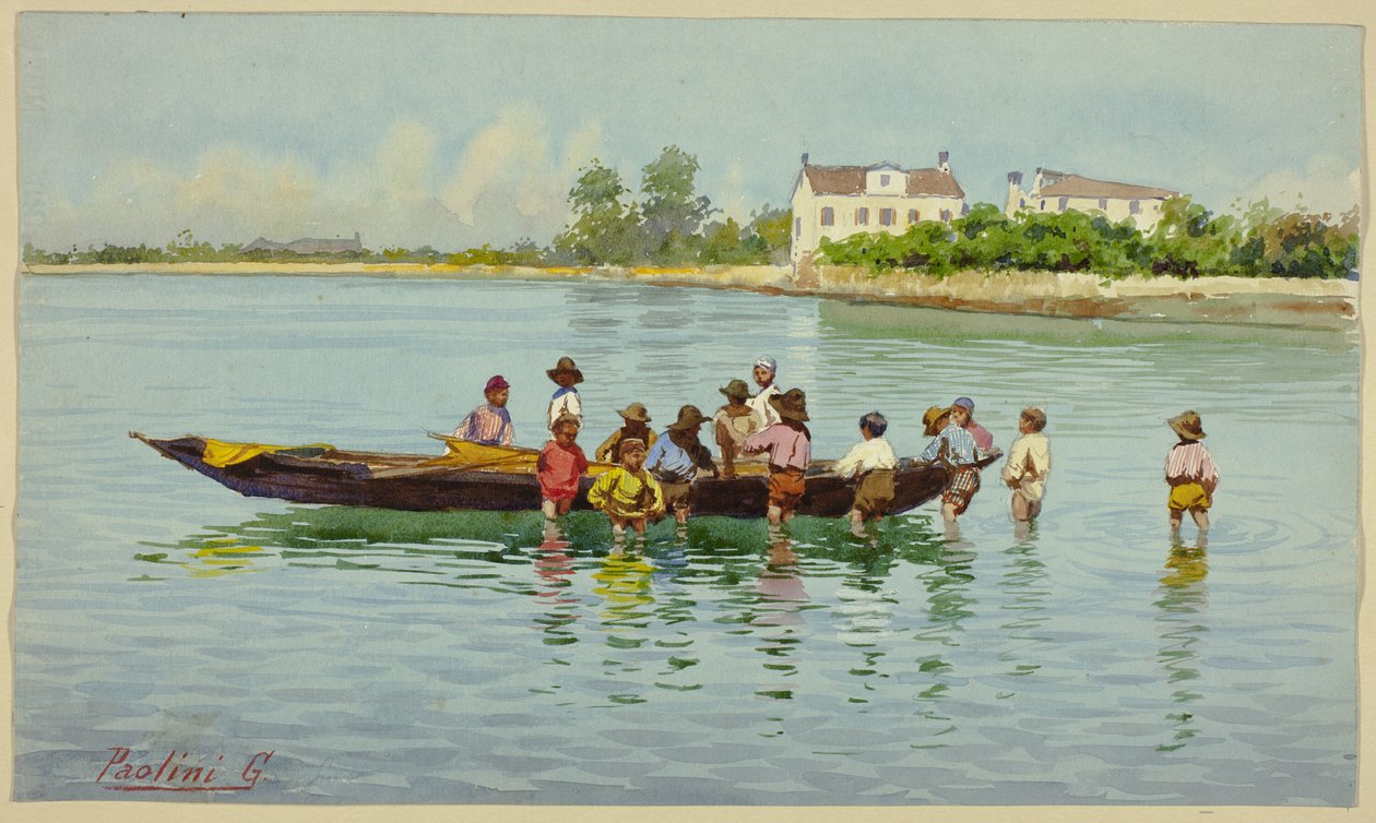 Děti s lodí na benátské laguně od Unknown artist