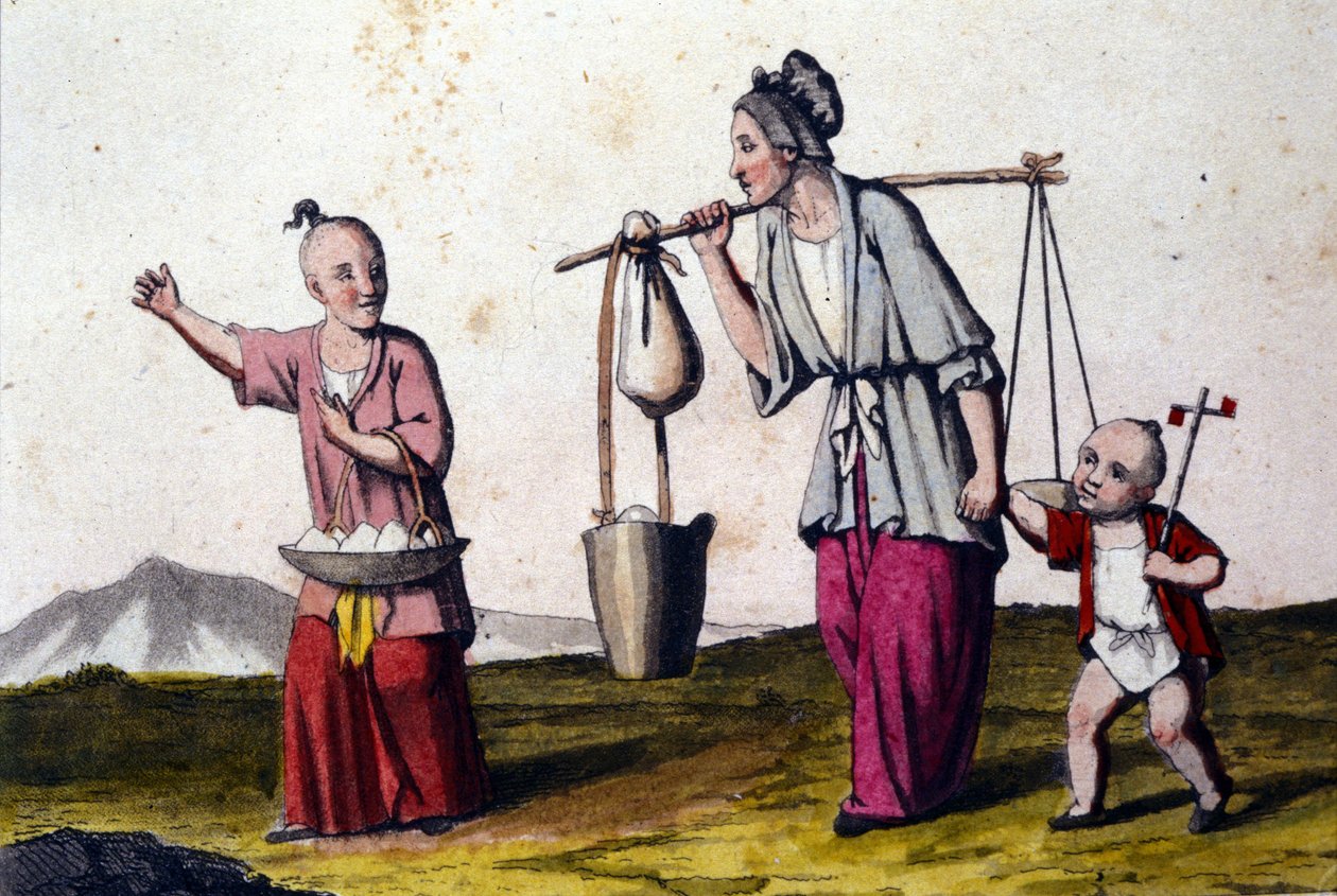 Čína. Žena nesoucí vodu v doprovodu 2 dětí, velké s košíkem rýže. Tisky 19. století. od Unknown artist
