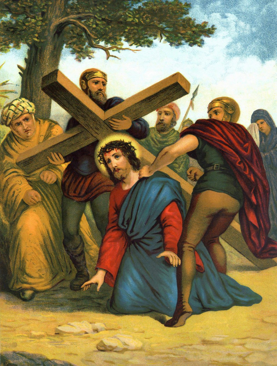 Chromolitografie konce 19. století zobrazující život Krista: Ježíš poprvé padá pod křížem. od Unknown artist