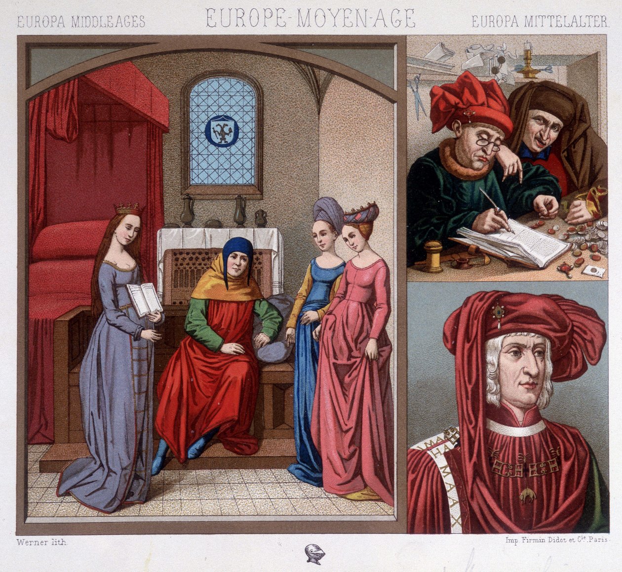 Civilní kostýmy ve středověku v 15. století. Vpravo nahoře: směnárny v Antverpách. Vpravo dole: portrét Maxmiliána Rakouského (1459-1519) podle Quentina Metzyse. V „Historickém kostýmu“ od A. Raqueta od Unknown artist