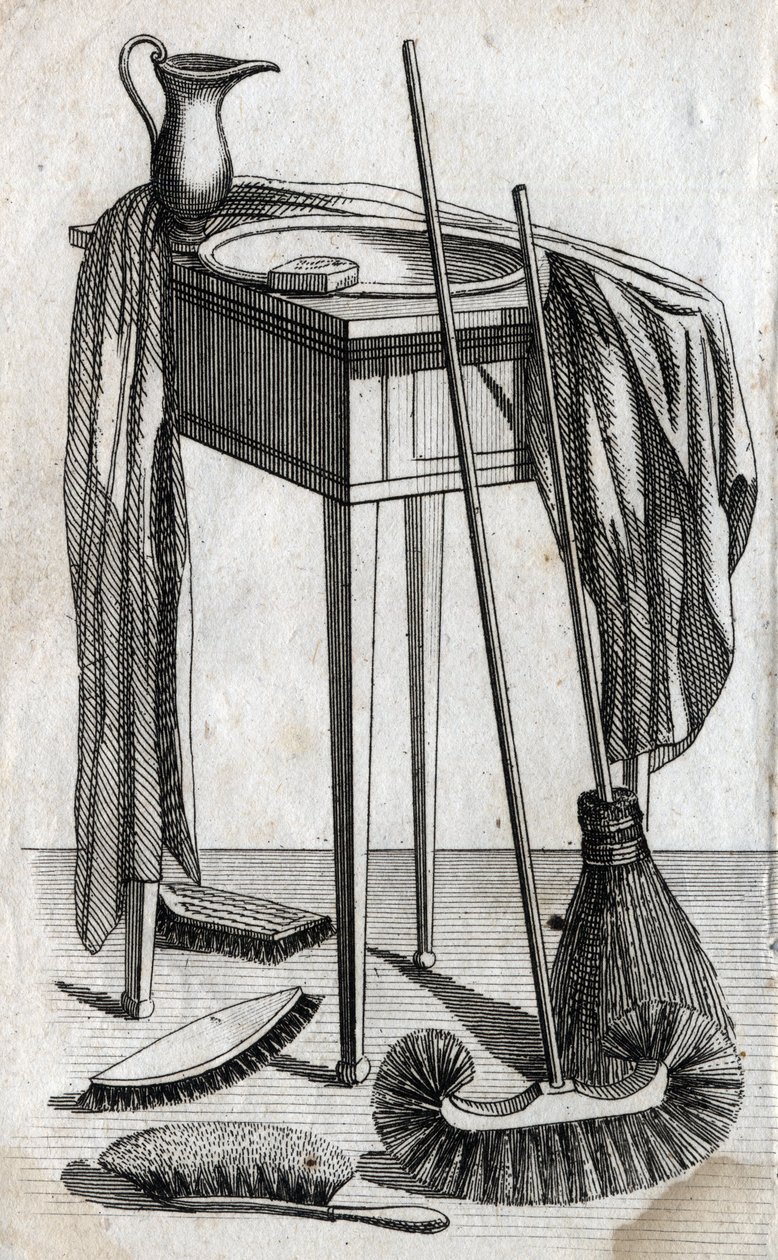 Čisticí a čisticí pomůcky: mýdlo, umyvadlo, smeták a kartáče. Koncová rytina 18. století. Soukromá sbírka. od Unknown artist
